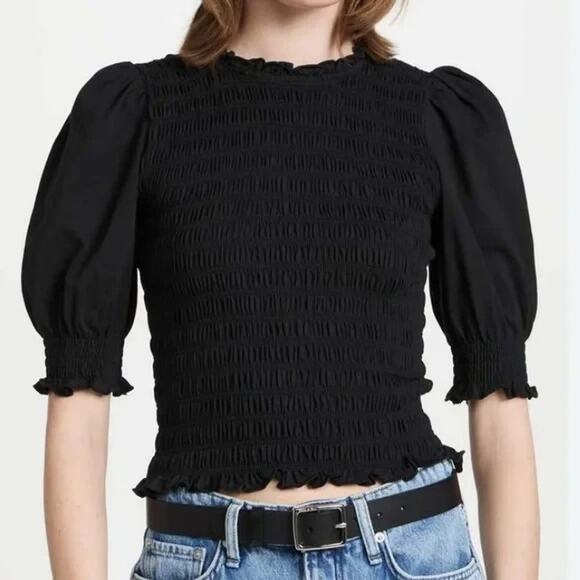 Veronica Beard Langston Smocked Puff Sleeve Ruffle Top Small Black Coquette Prep - Picture 1 of 12